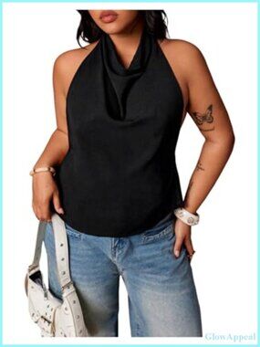 Women's Plus Size Cowl Neck Halter Tie Backless Camisole Tanks Set